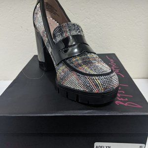 NWT Betsey Johnson ADELYN White Rhinestone Plaid Heeled Loafer